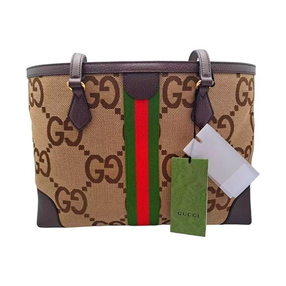 GUCCI Ophidia Jumbo GG Medium Tote Bag in Camel & Ebony Canvas Leather NEW - Picture 6 of 16